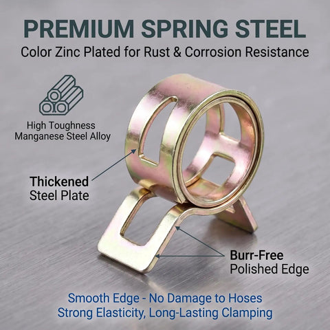 Top Shelf 75 PCS Spring Hose Clamp Assortment Kit With 5 Universal Sizes For Fuel Lines Vacuum Pipes Silicone Tubing Quick Install Galvanized Steel Fasteners Heavy Duty Auto Repair DIY Fixes spring steel clamp, zinc plated, burr-free edge
