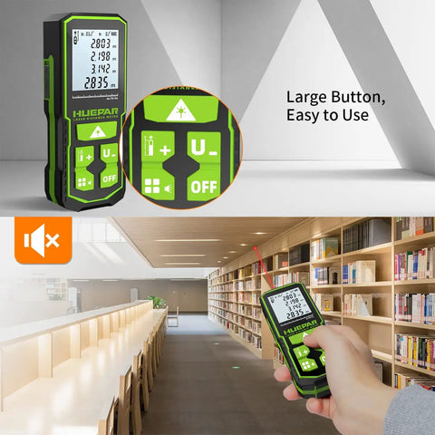 Workhorse Laser Distance Meter With 328 Ft Range being used in library, showing dual angle display and mute mode icons.