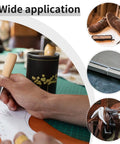 "Pro Grade Beefed Up Leather Sewing Kit For Hand Stitching With Durable Needles, waxed thread, awl shown in use for DIY projects."