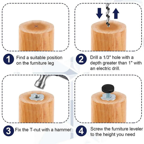 Steps to install Adjustable Leveling Feet Set For Furniture 48 Or 72 Pieces Threaded Levelers for tables and chairs.