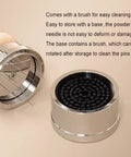 Big Time 58mm Espresso Accessories Kit Featuring Slick Stirrer Distribution Tool And Spring Loaded Distributor Leveler With Magnetic Fixation For Barista Grinds That Turn Out Straight Up Legit, showing cleaning brush and storage base.