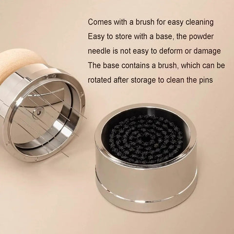 Big Time 58mm Espresso Accessories Kit Featuring Slick Stirrer Distribution Tool And Spring Loaded Distributor Leveler With Magnetic Fixation For Barista Grinds That Turn Out Straight Up Legit, showing cleaning brush and storage base.