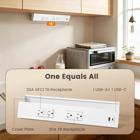 2 Pack 16 Inch Under Cabinet Power Strip With GFCI, 20A Duplex Outlets, USB A And USB C installed in kitchen