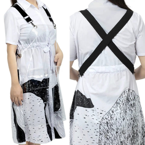 Front and back view of Transparent Waterproof Hair Stylist Apron with Adjustable Straps, showing durable material and design.