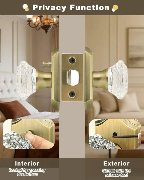 Clear Glass Diamond Door Knob Set With Privacy Lock In Antique Brass Finish, Keyless Interior Door Knob for Bedroom and Bathroom