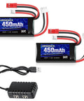 7.4V 450mAh 2S LiPo Battery With JST And PH2.0 Plugs, 30C Discharge, Rechargeable RC Juice For Most 1 To 24 Scale Cars and USB Charger