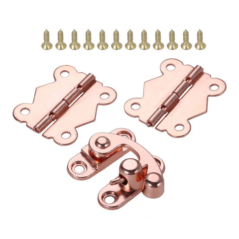 Rose Gold Hasp Lock Set Three Pcs for jewelry boxes and chests with hinges and screws, DIY furniture hardware.