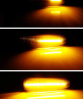 Smoked Amber LED Side Marker Light Assembly Pair With 36 SMD LEDs Sequential Blink Black Smoke Lens illuminated in darkness.