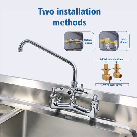 Commercial Wall Mount Sink Faucet With 8 Inch Adjustable Center, G1/2 Inch Inlet, 12 Inch Swivel Spout, installation methods shown.