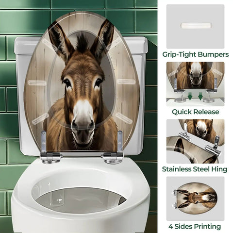 Elongated Toilet Seat Replacement, Resin Donkey Pattern for Bathroom, featuring a donkey face design with stainless steel hinges.