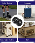 Collage showing uses for Luggage Replacement Wheels 76mm By 24mm With ABEC 608zz Bearings in skates, luggage, shelves, and carts.