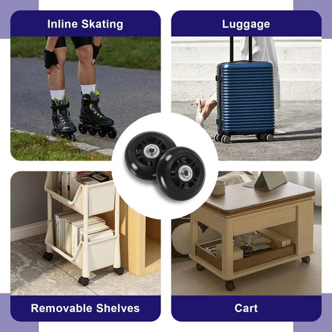 Collage showing uses for Luggage Replacement Wheels 76mm By 24mm With ABEC 608zz Bearings in skates, luggage, shelves, and carts.