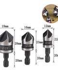 Three Piece Countersink Drill Bit Set With 82 Degree Angle, 3 Flutes, Pro Grade Quick Change Hex Shank, 1/2 Inch, 5/8 Inch And 3/4 Inch Bits For Wood Metal And Plastic Projects