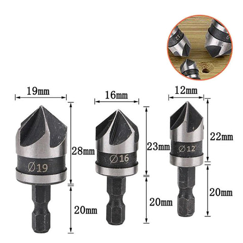 Three Piece Countersink Drill Bit Set With 82 Degree Angle, 3 Flutes, Pro Grade Quick Change Hex Shank, 1/2 Inch, 5/8 Inch And 3/4 Inch Bits For Wood Metal And Plastic Projects