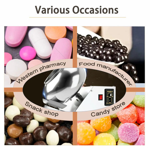 Image showing various uses of the Commercial Automatic Candy Coating Drum With Zero Hassle Speed Controls And Snappy Air Dryer.