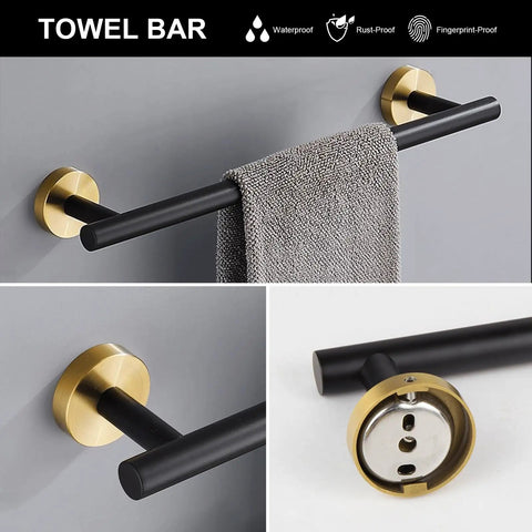 Five Piece Black And Gold Stainless Steel Bathroom Hardware Set with 23.6 Inch Towel Bar close-up on wall mount and towel