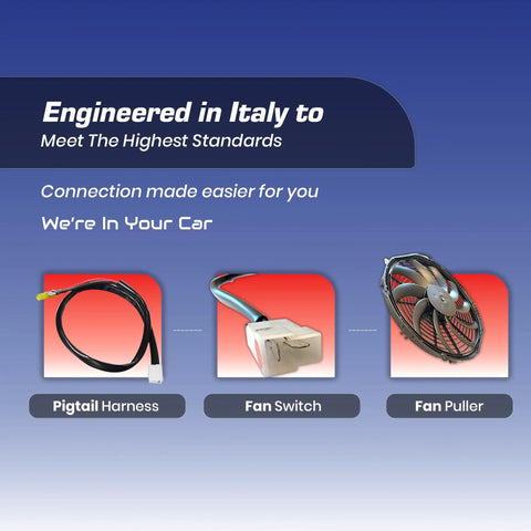 SPAL 12 Inch Curved Blade Puller Radiator Cooling Fan High Performance Electric With 12 Volt Motor Generating Over Twelve Hundred Cubic Feet Per Minute Airflow, showing pigtail harness and fan switch.