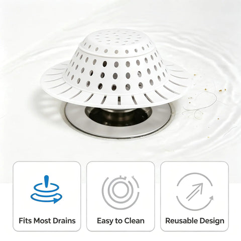 Bathtub Drain Strainer Silicone Bathroom Stopper Fixture positioned in a drain, showcasing its effective hair trapping design.