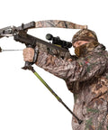 Person using Hip Shot Crossbow Shooting Rest Lightweight Stable Portable Telescopic Versatile Support For Easy Comfortable And Accurate Shots At The Range Or Field.