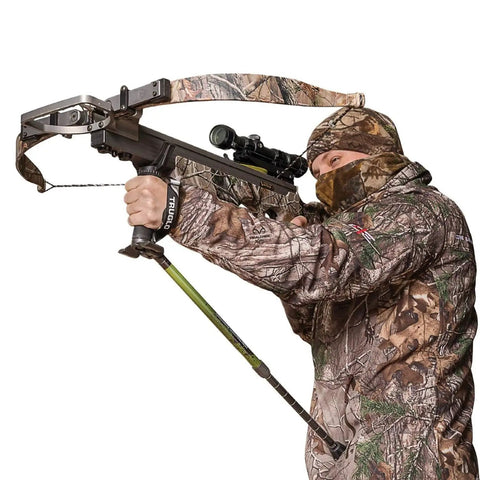Person using Hip Shot Crossbow Shooting Rest Lightweight Stable Portable Telescopic Versatile Support For Easy Comfortable And Accurate Shots At The Range Or Field.