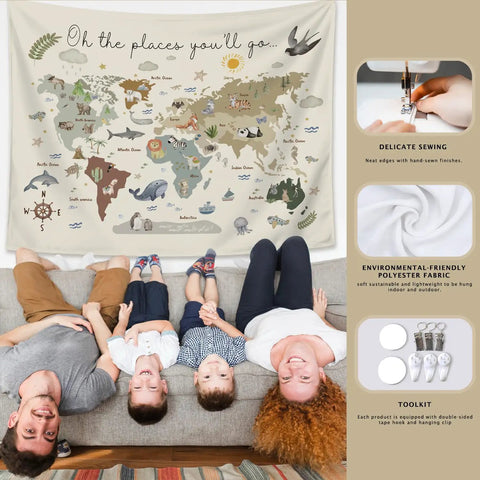Boho Kids World Map Tapestry Wall Hanging For Classroom And Nursery Educational Geography Decor With Animal Continents 50 By 60 Inches