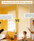 Solar Powered Battery Motor Kit For DIY Motorized Blinds And Shades Wireless Rechargeable System No Chains Fits 1.5 Inch Roller Shades Easy Install Safe For Kids Rooms And Any Window displaying a child and adult comparison of cordless blinds installation in a kid's room.
