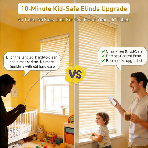 Solar Powered Battery Motor Kit For DIY Motorized Blinds And Shades Wireless Rechargeable System No Chains Fits 1.5 Inch Roller Shades Easy Install Safe For Kids Rooms And Any Window displaying a child and adult comparison of cordless blinds installation in a kid's room.