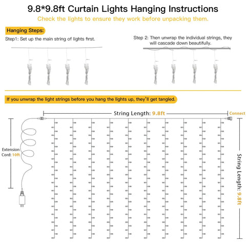 Hanging instructions for Warm White Curtain String Lights 300 LEDs 9.8x9.8 Ft Plug In Backdrop with cascading light design.