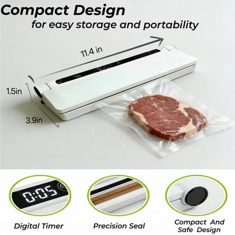 Compact Food Vacuum Sealer With 75kPa Suction And Digital Countdown Timer sealing meat in a bag, includes display and precision seal.