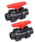 Top Shelf UPVC Union Ball Valve With Double Socket Slip Design For 25mm Pipes Delivers Full Port Rock Solid Zero Resistance Water Flow That Keeps Things Smoove And Flows Like A Dream, showing two valves with red handles.