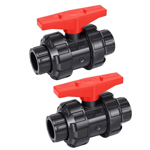 Top Shelf UPVC Union Ball Valve With Double Socket Slip Design For 25mm Pipes Delivers Full Port Rock Solid Zero Resistance Water Flow That Keeps Things Smoove And Flows Like A Dream, showing two valves with red handles.