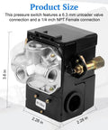 Heavy Duty Four Port Air Compressor Pressure Switch One Quarter Inch NPT 95 To 125 Psi 20 Amp 120 Volt Control Switch With Adjustable Unloader And Relief Valve For Single Or Two Stage Pumps showing size dimensions.