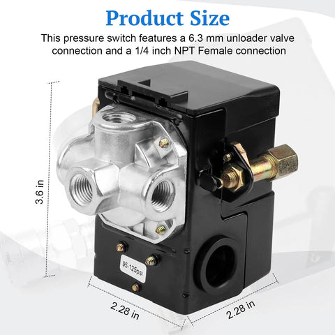 Heavy Duty Four Port Air Compressor Pressure Switch One Quarter Inch NPT 95 To 125 Psi 20 Amp 120 Volt Control Switch With Adjustable Unloader And Relief Valve For Single Or Two Stage Pumps showing size dimensions.