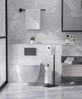 Free Standing Toilet Paper Holder With Four Roll Capacity, Rustproof Metal Stand, Non-Slip Stable Base, Black Finish in modern bathroom