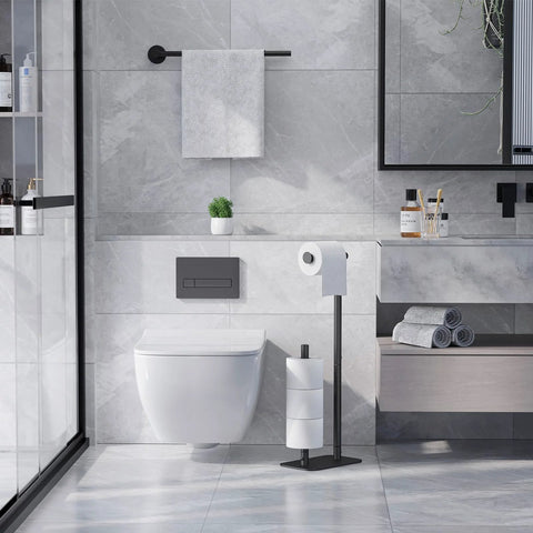 Free Standing Toilet Paper Holder With Four Roll Capacity, Rustproof Metal Stand, Non-Slip Stable Base, Black Finish in modern bathroom