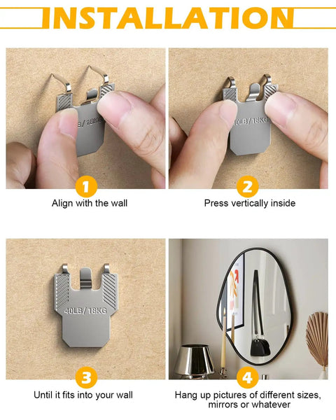 Installation steps for Heavy Duty Drywall Picture Hangers And Claw Hooks, 20 Piece Heavy Hitters on wall.