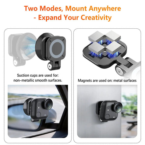 Magnetic Mount For Insta360 GO Ultra With 2-In-1 Magnetic And Suction Holder demonstrating versatility on surfaces.