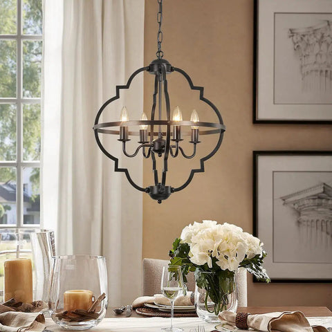 Rustic Farmhouse Black Chandelier For Dining Room And Living Areas With Industrial Metal Design, 18.1 Inch Adjustable Height Ceiling Light