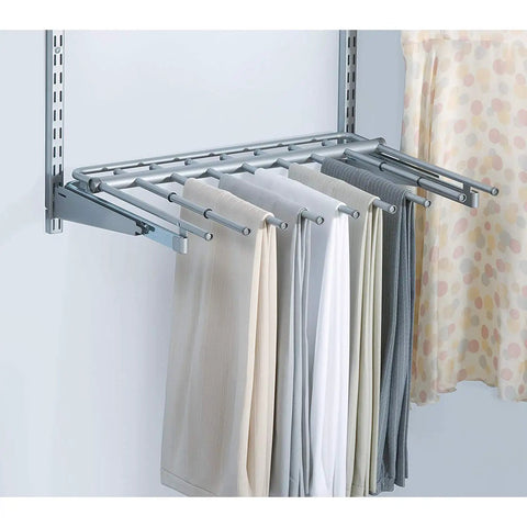 Seven Pair Pants Rack For Closets In Titanium Finish With Non Slip Grippers And Slick Ball Bearing Glide Holds Seven Pairs