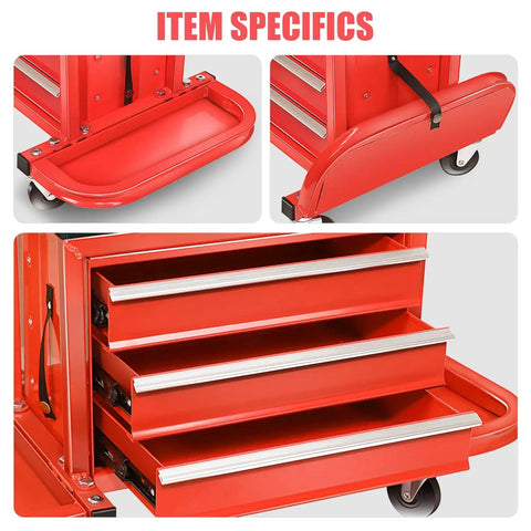 Three Drawer Rolling Tool Chest And Mechanic Seat With Tool Trays Pro Grade Heavy Duty 350 Pound Weight Capacity Red Finish