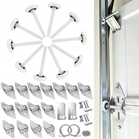 Garage Door Hardware Kit Replacement For 16x7 And 18x7 Doors With Premium White Nylon Rollers Heavy Duty 14 GA Hinges Top And Bottom Brackets Lift Cables And Mounting Screws Ready To Install For Residential Use, white rollers and steel hinges