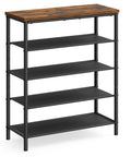 Solid Multi Tier Shoe Rack Storage Organizer Holds Twelve To Sixteen Pairs With Reinforced Steel Frame And Durable Fabric Shelves Nifty Entryway Game Changer showing four black shelves and rustic brown top.