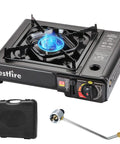 Dual Fuel Portable Camping Stove For Butane Or Propane Includes Adapter And Carrying Case No Fuss Single Burner showing stove with blue flame