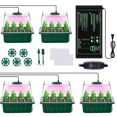 Seed Starter Tray Kit No Fuss With Heat Mat And Grow Light, 5 Pack Seedling Trays With covers and accessories
