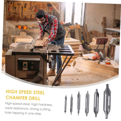 KALLORY 12-piece high-speed steel center drill bit set with 60-degree chamfer bits for wood/metal, shown in workshop