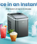 Compact Pebble Ice Maker For Countertop, Nugget Ice Machine That Cranks Out Chewable Pellets In 8 Minutes, Delivers Up To 26 Lbs Per Day, One Touch Clean, Ice Scoop And Basket Included, Sleek Black with ice and drinks