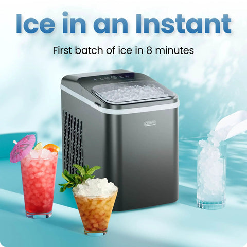 Compact Pebble Ice Maker For Countertop, Nugget Ice Machine That Cranks Out Chewable Pellets In 8 Minutes, Delivers Up To 26 Lbs Per Day, One Touch Clean, Ice Scoop And Basket Included, Sleek Black with ice and drinks