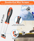 2-In-1 Razor Scraper Set With 30 Blades showing long-handle scraper with ergonomic grip, used for removing labels and tint on surfaces.