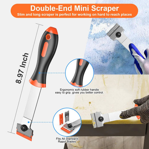 2-In-1 Razor Scraper Set With 30 Blades showing long-handle scraper with ergonomic grip, used for removing labels and tint on surfaces.