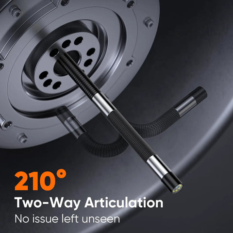 Two Way Articulating Borescope With Light For Tight Spaces Go To Tool 210 Degree Sweep Endoscope Camera 1080P With 4.3 Inch IPS Screen 0.33 Inch Semi Rigid Probe 32GB Memory 5.5 Foot Cable Ideal For Automotive Engine HVAC And Wall Inspections, 210° probe